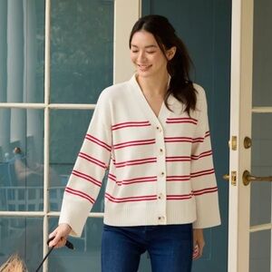 LAKE Nora Cotton Cardigan Ivory Red Stripe Size XL